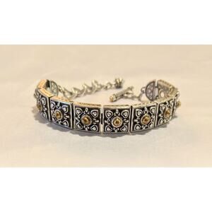 Retired Brighton Silver & Gold Tone Chunky Square Link Toggle Bracelet w/ Studs